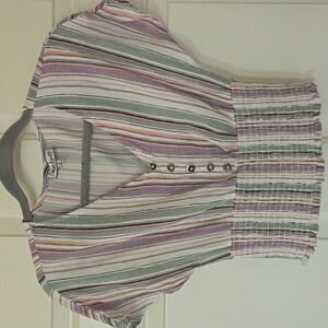 Striped V-Neck Buttoned Women's Top